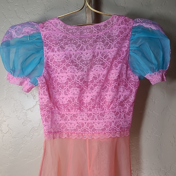 Sheer Fairycore Lace Patchwork Maxi Dress Pink Blue | Side Zip | Small - Picture 9 of 16